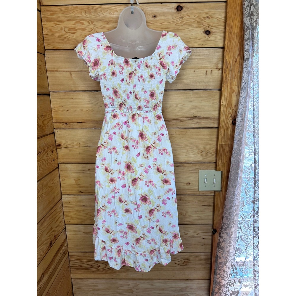Floral High Low Romper Skort Dress Smocked Flutter Sleeve Pink Yellow Rose Print - Picture 8 of 13
